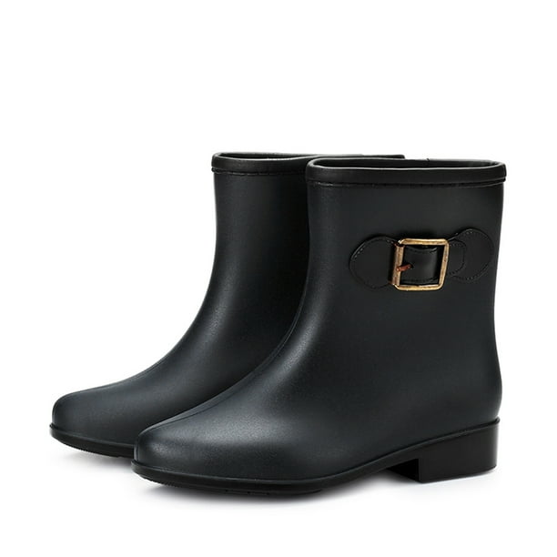 Lsljs Women Non Slip Solid Color Rain Shoes Fashion Plastic Low Heel Hasp Mid Boots Women s Rain Boots Black 6