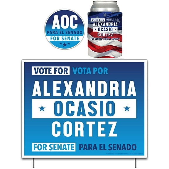Alexandria Ocasio Cortez For Senate Yard Sign Package, Includes AOC Can Cooler an AOC Decal and a Yard Sign
