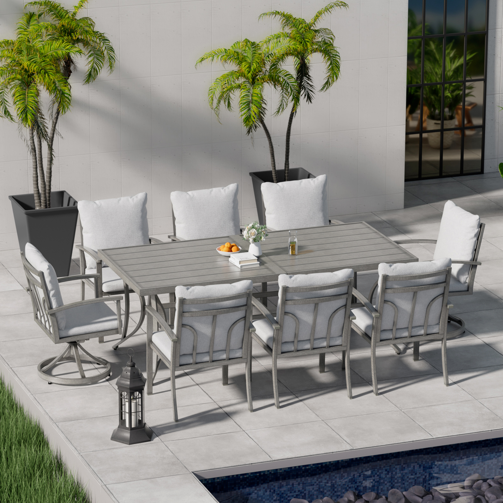 HAPPATIO 9-Piece Patio Outdoor Dining Set - All Aluminum Patio Table and Chairs Set for 8cludes 1 Rectangular Dining Table, 6 Dining Chairs, and 2 Swivel Dining Chairs with Cushions for Lawn, Deck