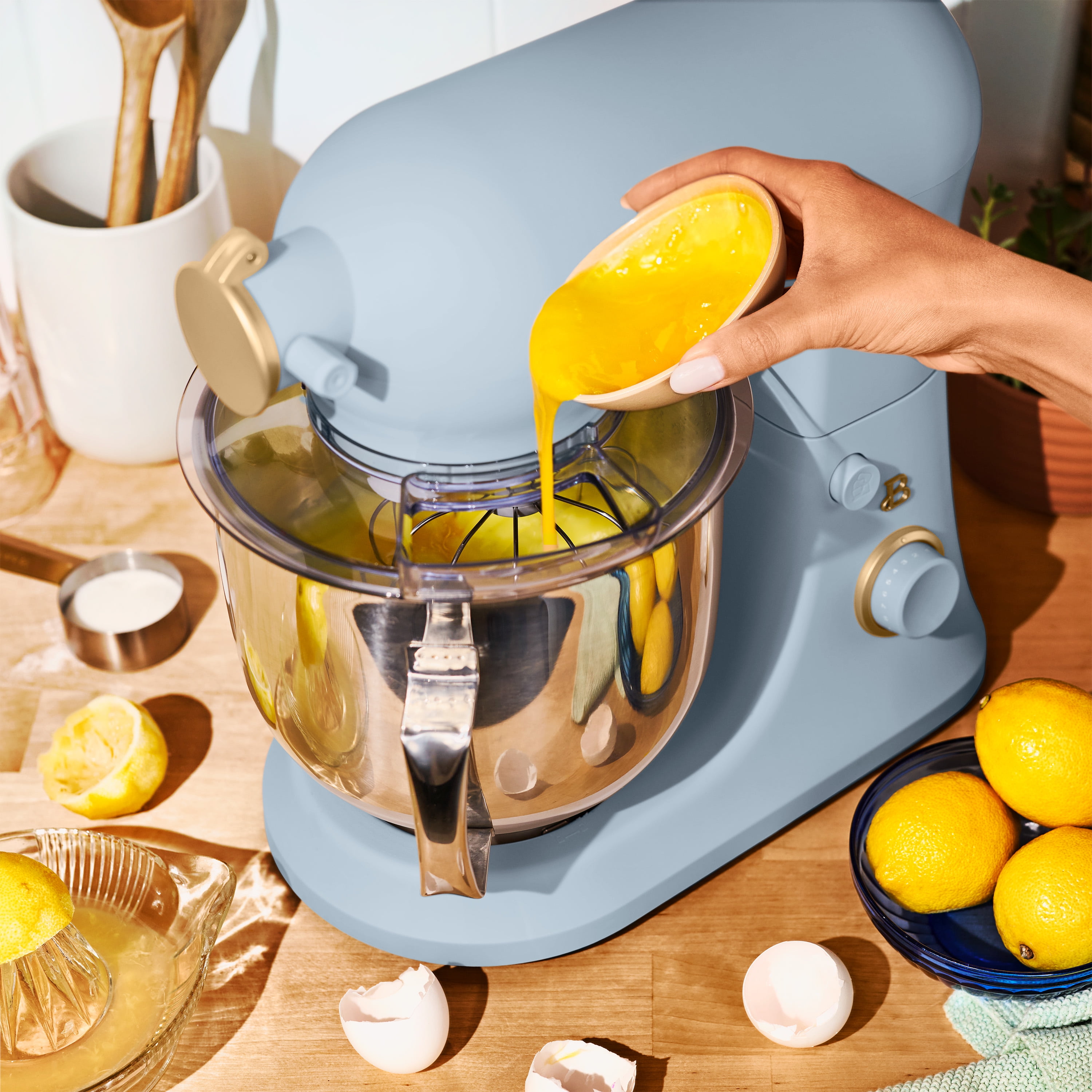 Beautiful 6 Qt Tilt-Head Stand Mixer with Dough Hook, Flat Beater, Balloon Whisk, Pastry Beater & Slicer/Shredder Set, Cornflower Blue by Drew Barrymore