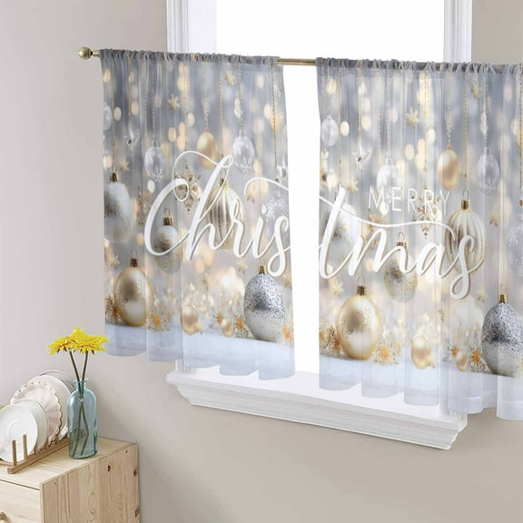 Christmas Balls Sheer Curtains 45 Inches Long, Sliver Golden Xmas Decoration Snowflake Light Filtering Window Curtains for Living Room, Rod Pocket Voile Sheer Curtain Drapes, 52"Wx45"L, 2 Panels