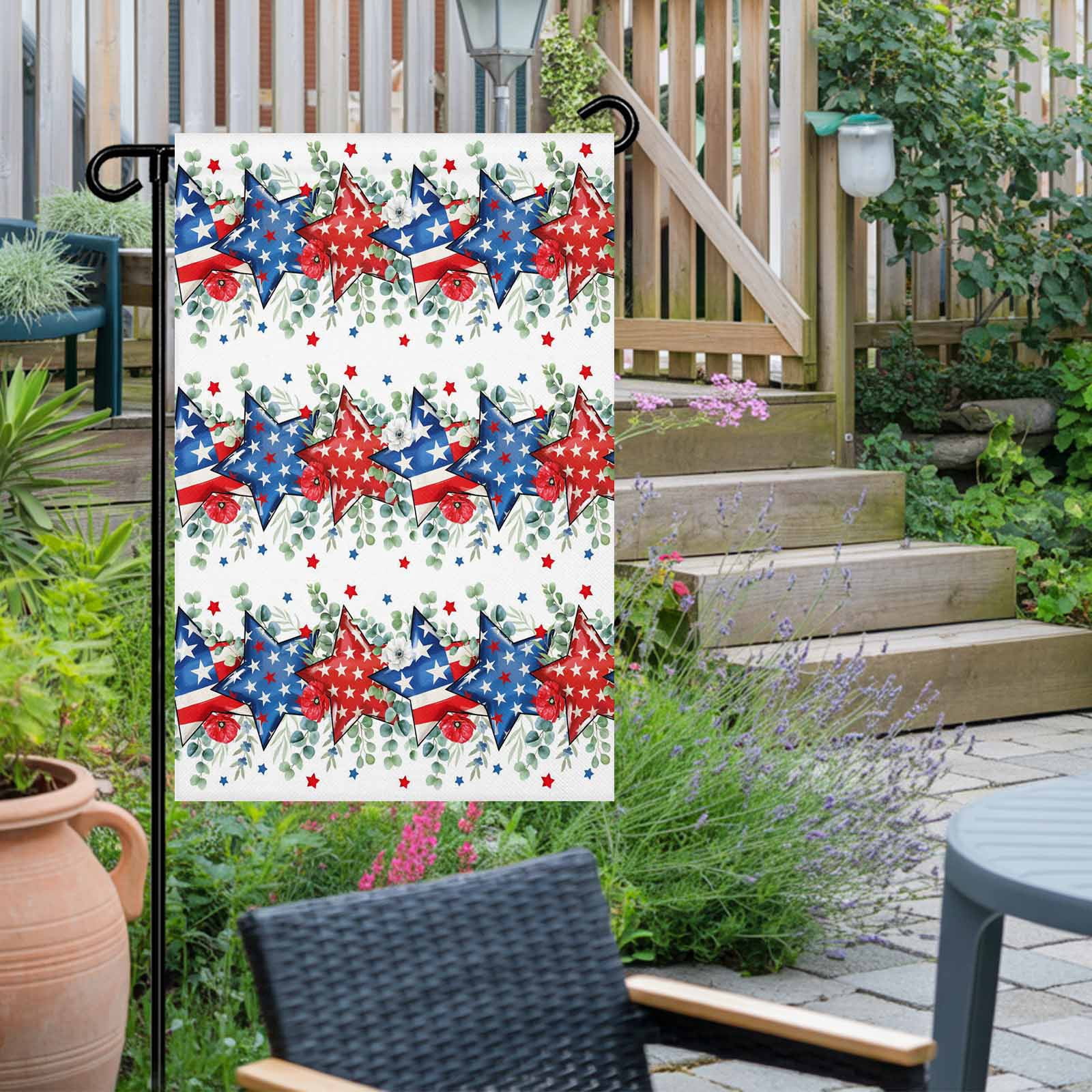 4th of July Garden Flags Patriotic Star Poppy Garden Flag Double Sided Welcome Flag Eucalyptus Leaves USA Flag Independence Day Yard Flags for Outdoor Lawn Porch Memorial Day Decor 28x40 Inch