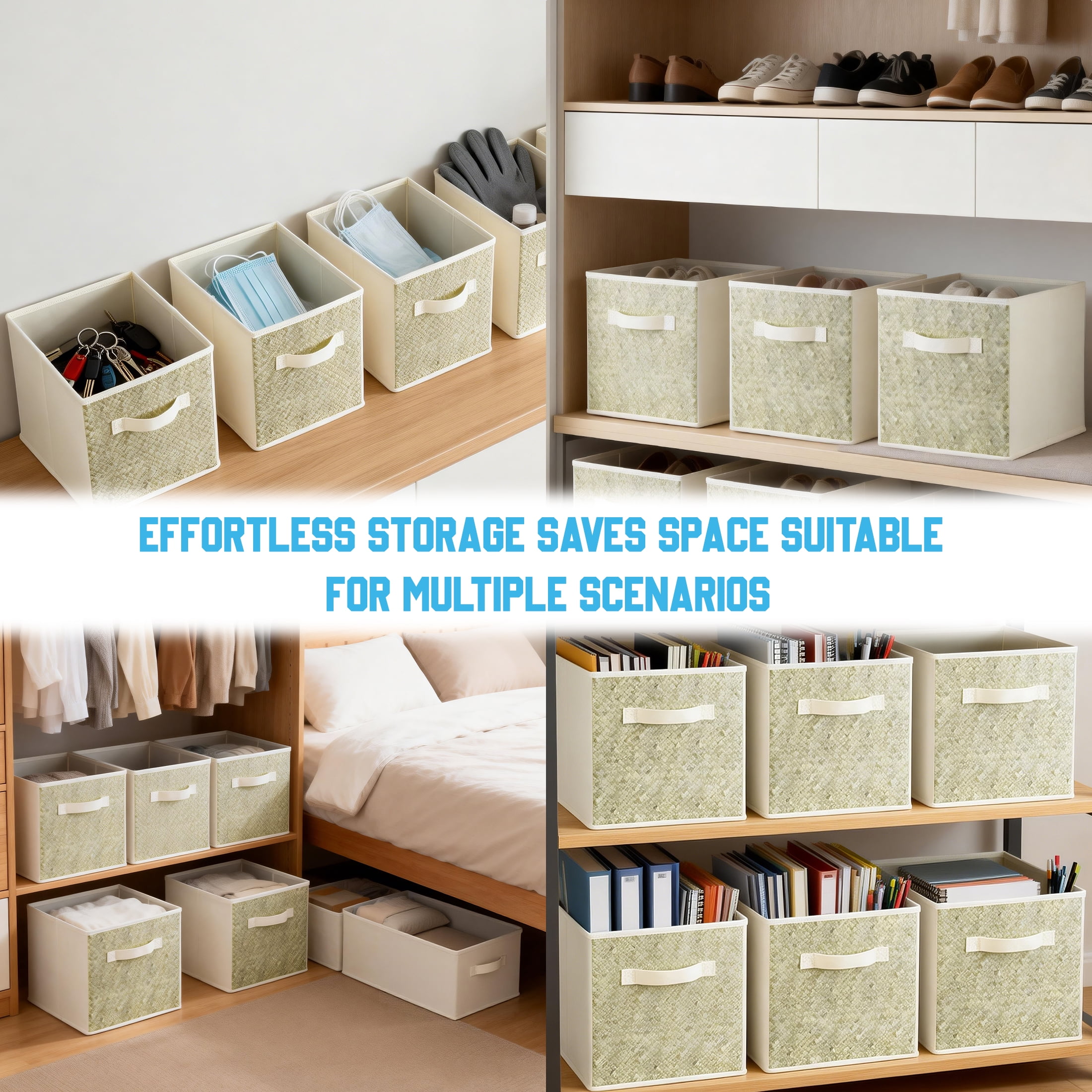 6 Pack Foldable Fabric Storage Cubes 11 inch, Rattan Printed Organizer Boxes with Handles, Collapsible Storage Baskets for Organizing Closet Bins