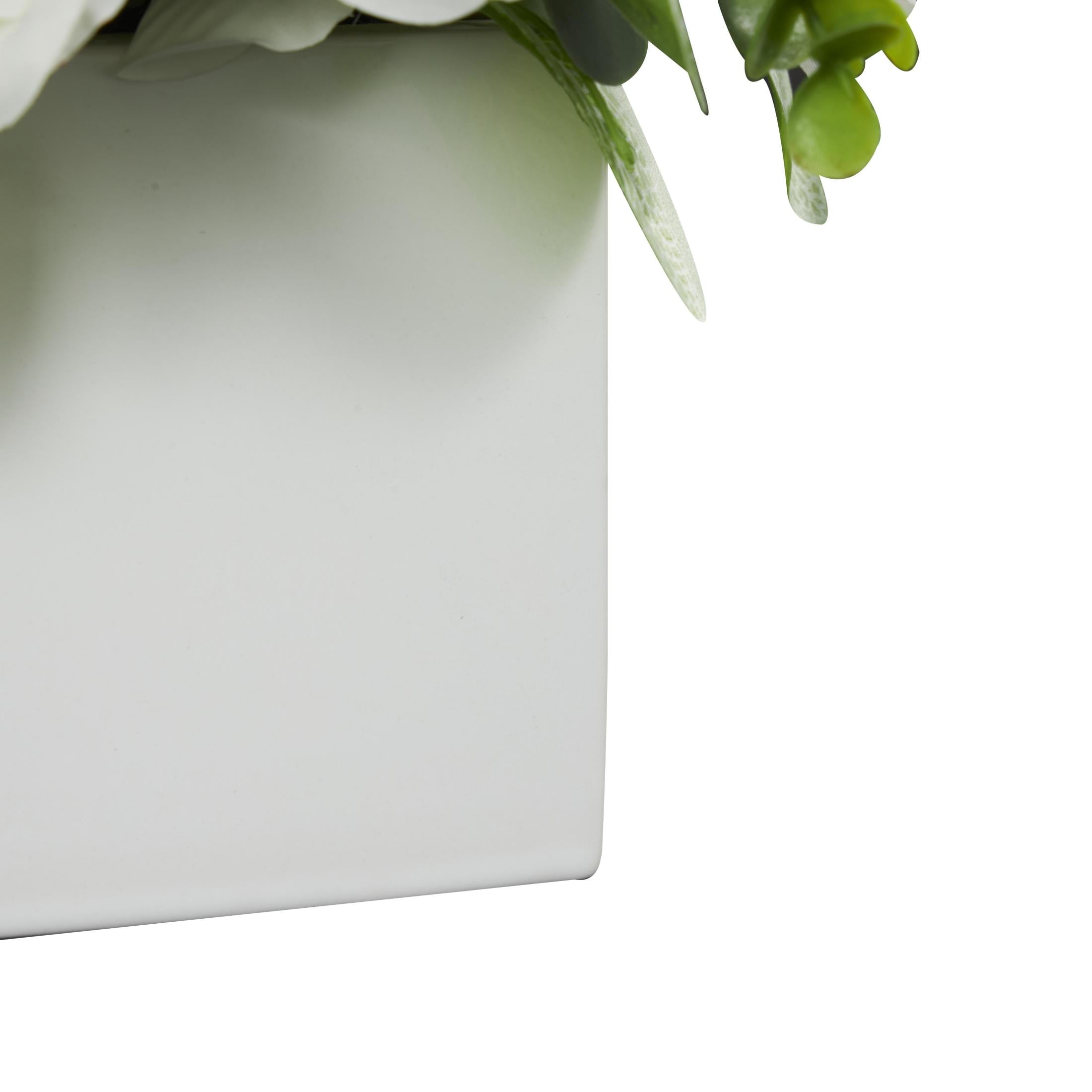 10" Plastic  Hydrangea and Pom Pom Artificial Flower in Green Leaves and Square Ceramic Vase, by DecMode