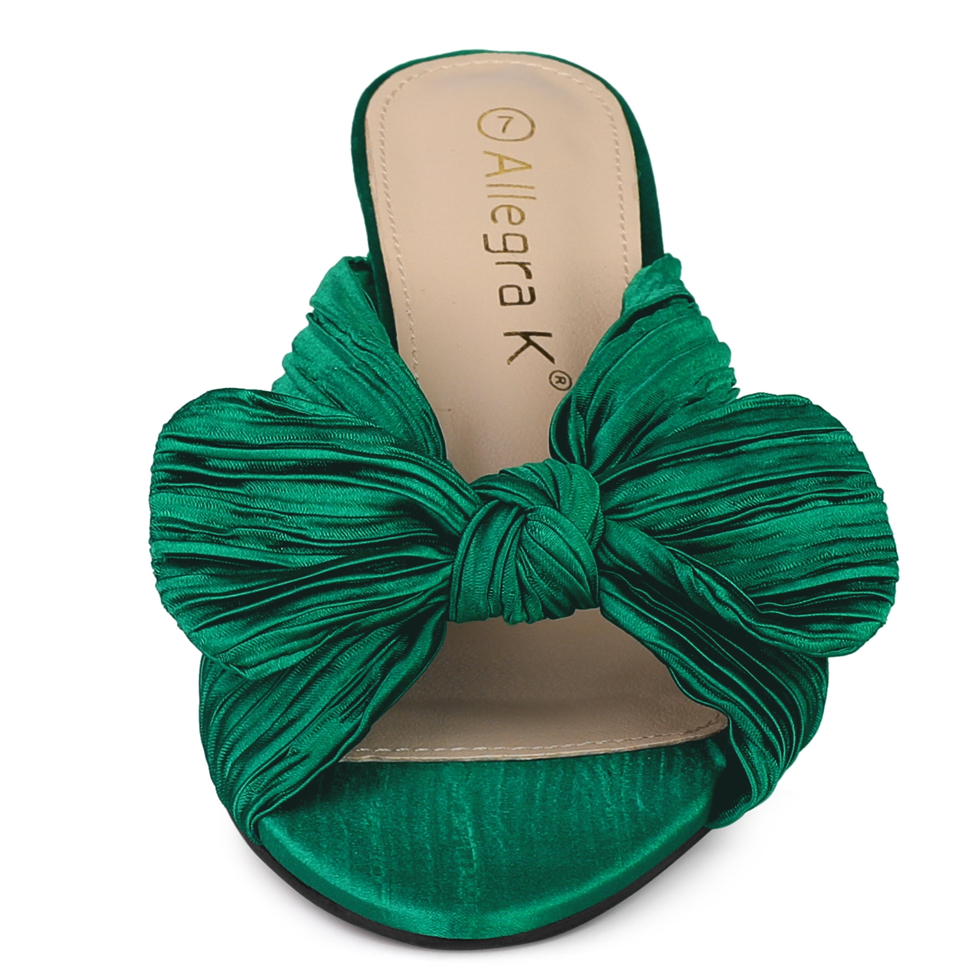 DARING DIVA Women's Pleated Bow Heels Slip on Chunky Heel Slouches Green 8