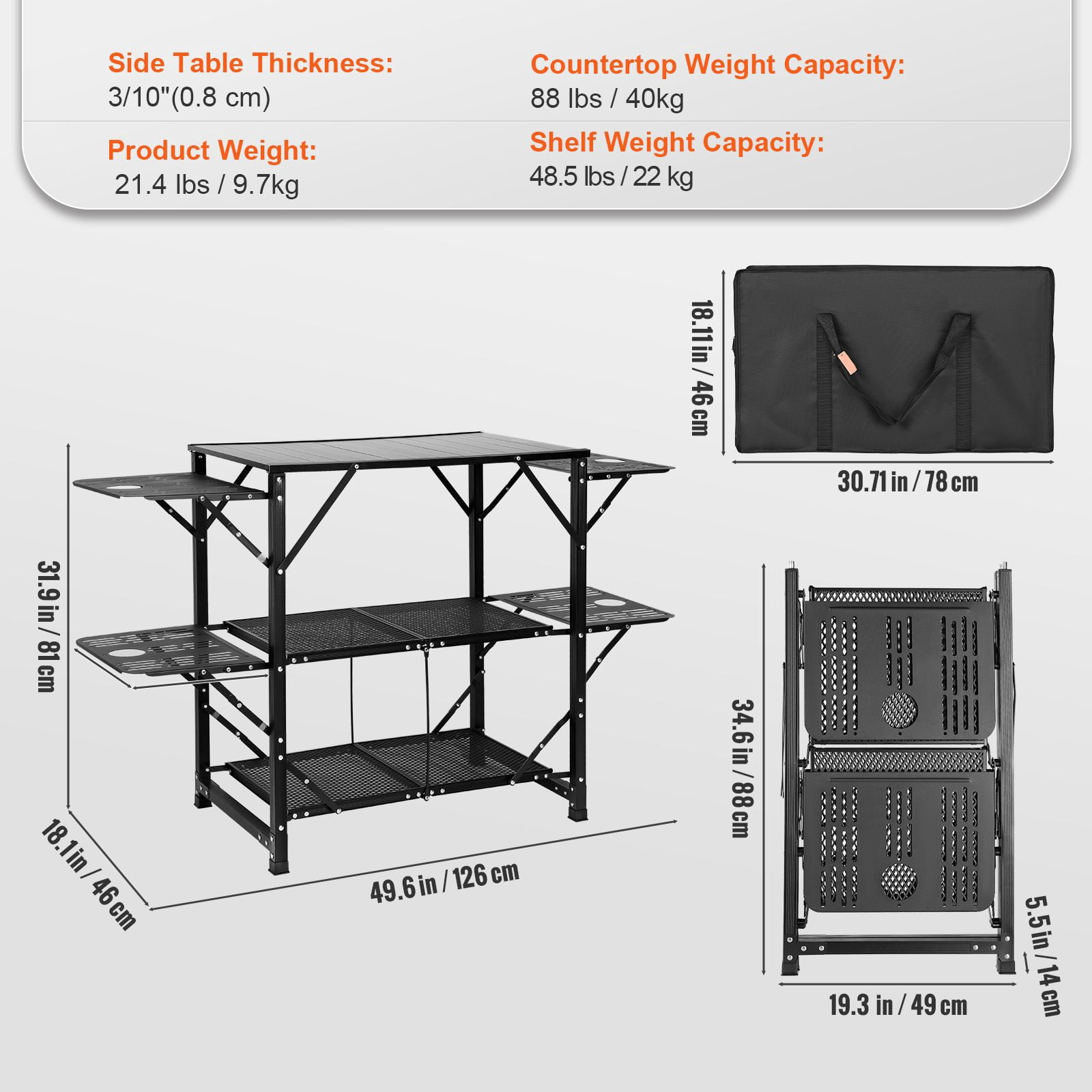 Camping Kitchen Table, One-piece Folding Portable Cook Station with Carrying Bag, Aluminum Camping Table 4 Iron Side Tables & 2 Shelves, Ideal for Outdoor Picnics, BBQs, Camping, RV Traveling