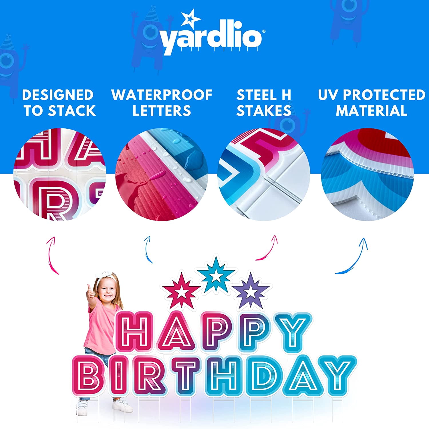 Yardlio Multicolored 3-in-1 Happy Birthday Yard Signs with Stakes and Stars, Tool-Free Installation, Waterproof, Durable