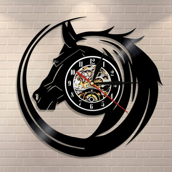 YanGxx Abstract Horse Wall Art Wild Horse Head Wall Clock Equestrian Wall Decor Modern Clock Vinyl Record Clock Horse Lovers Gifts
