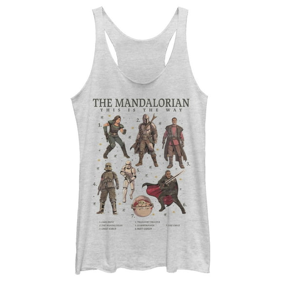 Women's Star Wars: The Mandalorian Character Guidebook Racerback Tank Top White Heather Medium