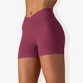 thumbnail image 3 of Women's Wide Band Stretchy Rib Knit Cross Front Gathered Biker Shorts-Small, Burgundy, 3 of 5