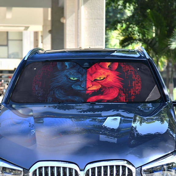 Cat Face Blue and Red Automotive Front Car Windshield Sun Shade Reflector Foldable for Front Fit for Cars Truck SUVs