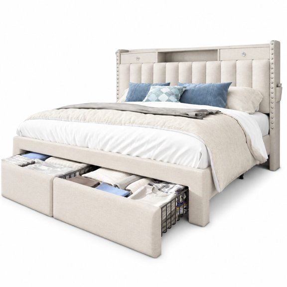 Queen Size Platform Bed Frame, Linen Upholstered, 2-Tier Storage Headboard & 4 Drawers, Built-in Charging Station, Solid Wood Slats, No Box Spring Needed, Noise-Free, Beige