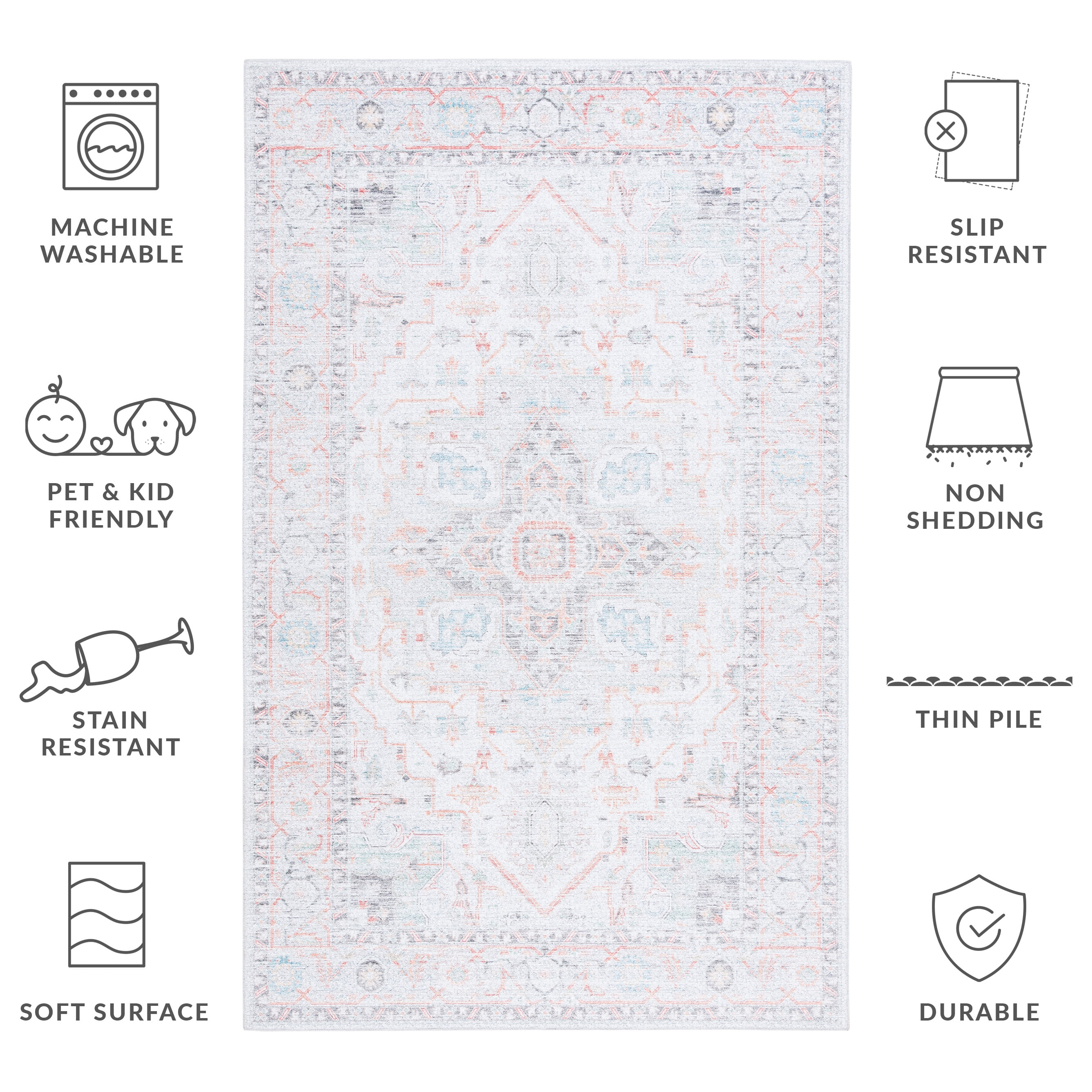 SAFAVIEH Tucson Alyx Oriental Machine Washable Area Rug, Light Grey/Light Green, 6' x 6' Round