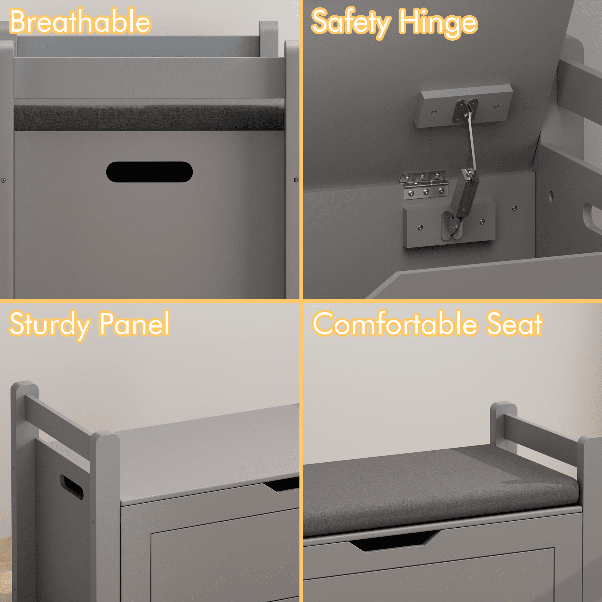 HOQBN Kids Toy Box Chest for Boys Girls,Large Toy Storage Organizer with Cushion Seat Bench,Flip-Top Lid & Safety Hinge for Nursery, Playroom,Gray