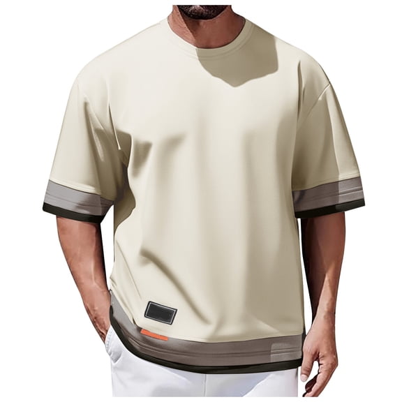 Rhuody Short Sleeve mens t shirt Color Blocked Round Neck Business Men Loose Tee Solid color Tops Comfortable Clothings Beige L
