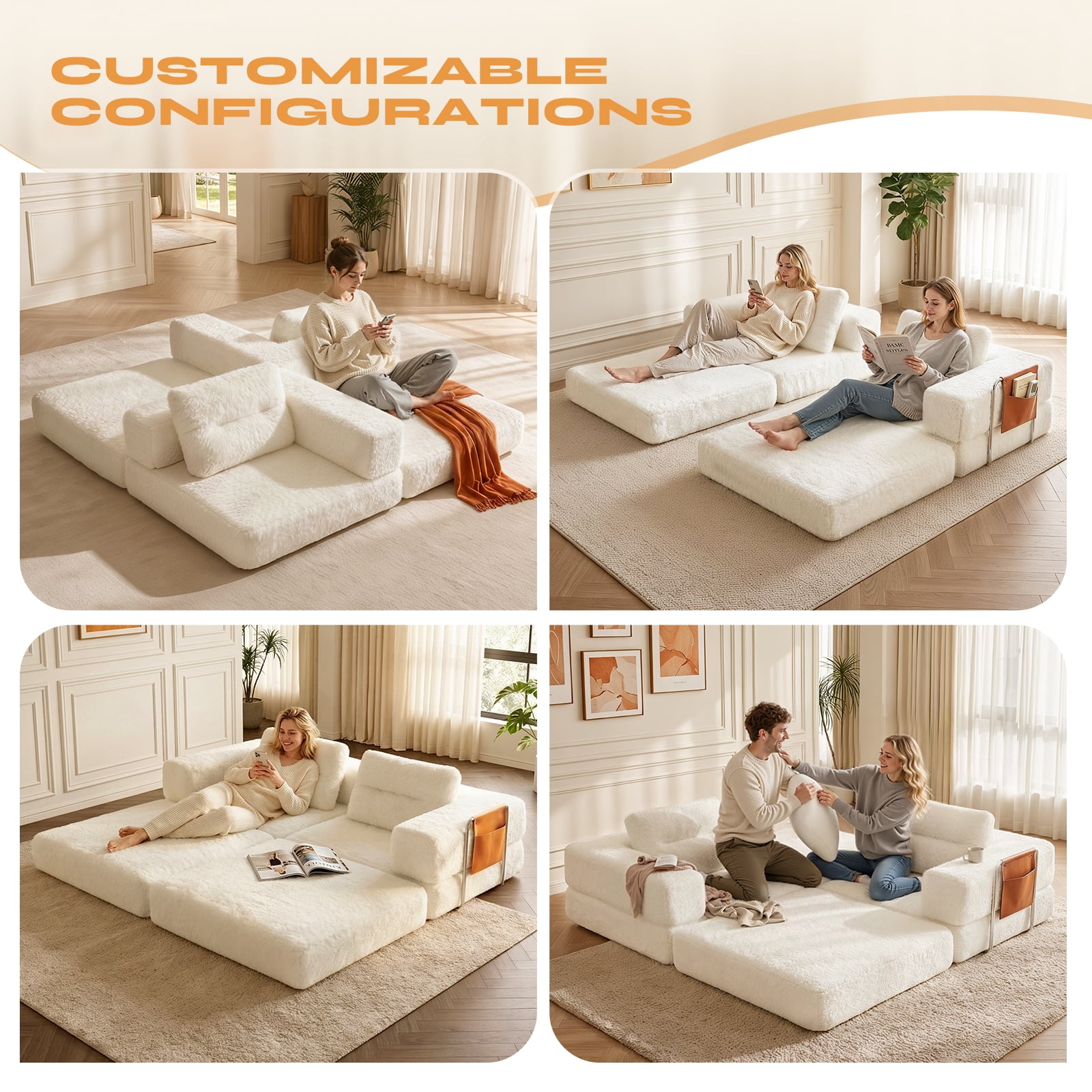 Pinmoco 81.5" Convertible Sofa Bed, Modular Sectional Sleeper Sofa for Living Room, Foldable Couch Bed with Pillows and Storage, No Assembly Required, Faux Fur Fabric White