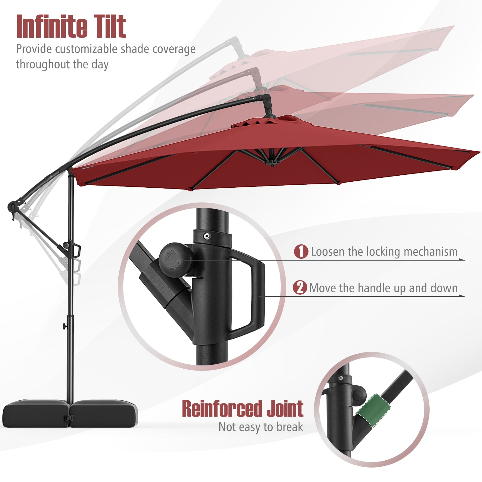 Gymax 10 FT Offset Hanging Umbrella with Base Patio Cantilever Umbrella w/ Infinite Tilt Red