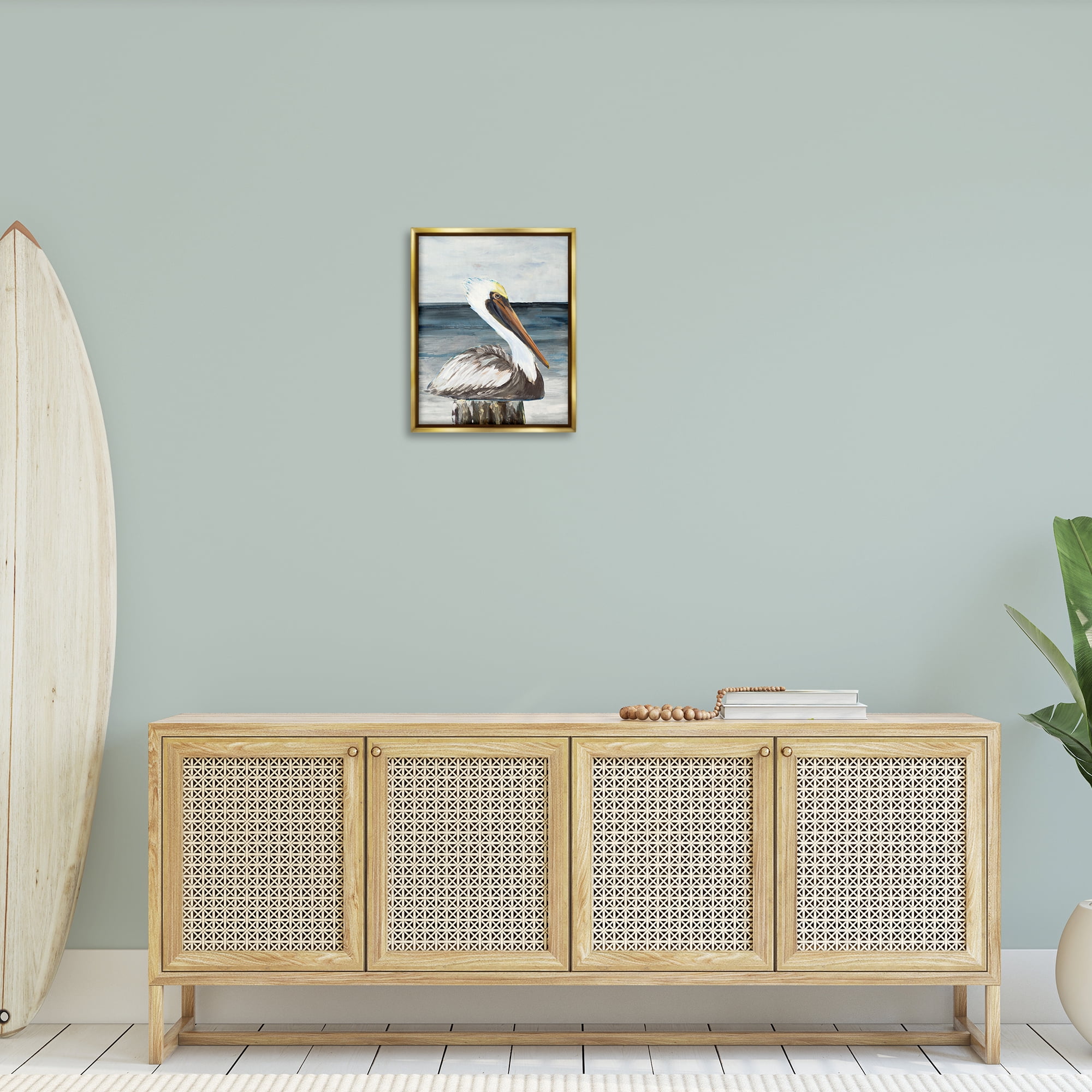 Stupell Industries Resting Beach Pelican Animals & Insects Painting Gold Floater Framed Canvas Art Print Wall Art, 17 x 21