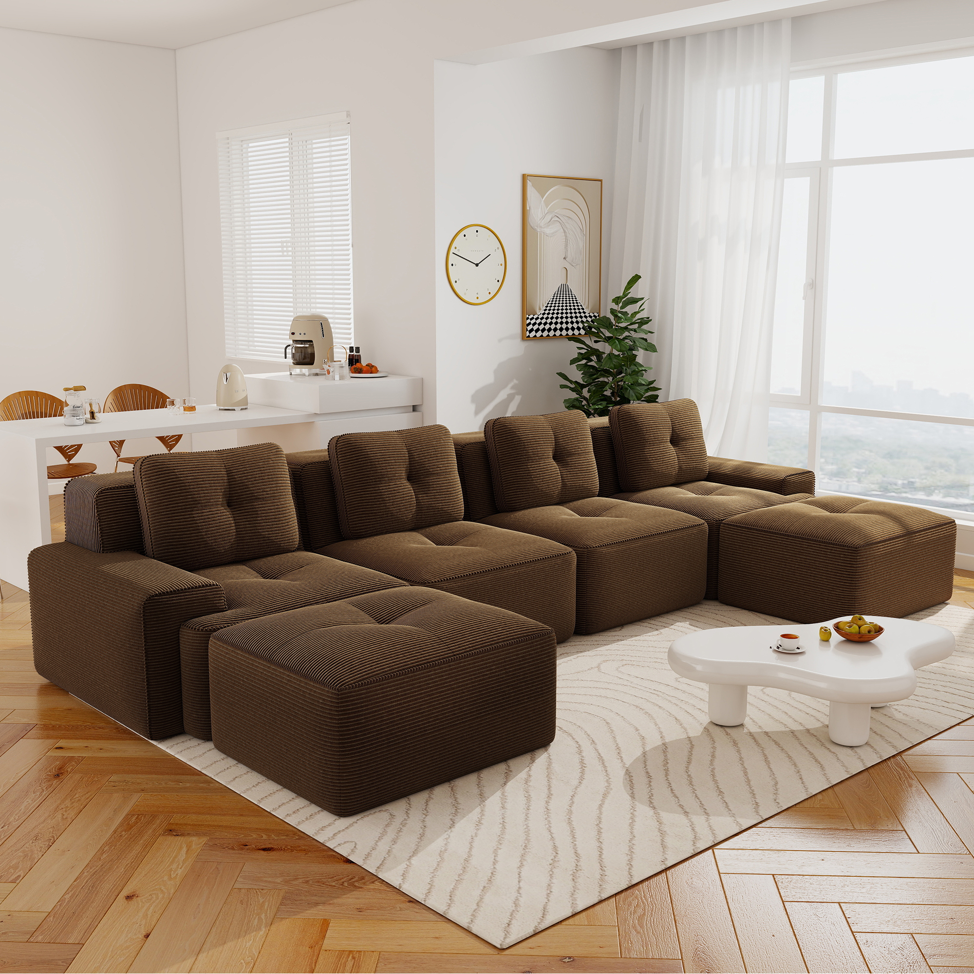 Aukfa 6-Piece Tufted Modular Corduroy Sectional Sofa with 2 Ottomans for Living Room, 128.5-in Wide Sofa Seat, Brown