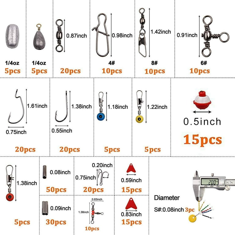 Fishing Tackle Accessories Box Kit, 273pcs Fishing Bobbers(0.5in) Sinker  Weights, Crossline Barrel Swivel, Swivel Snap, Hooks, Sinker Slides,  Fishing Bead with Tackle Box 
