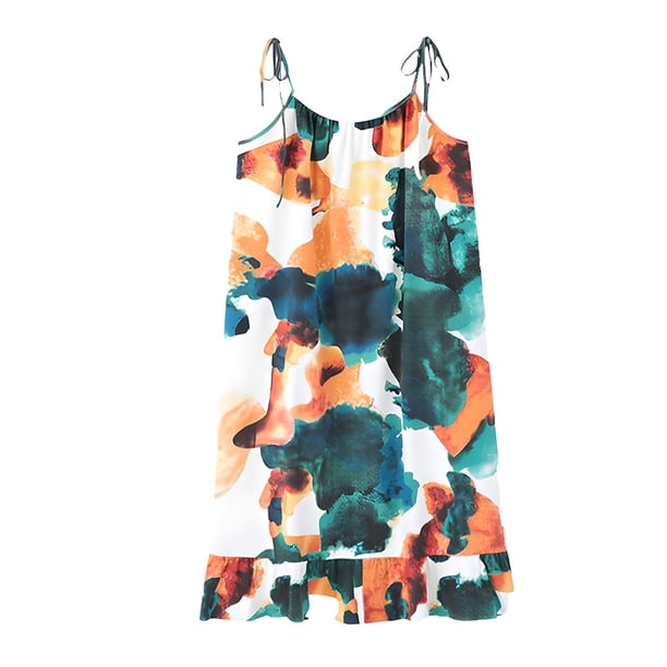 Qarigey Camisón de algodón con estampado floral, vestido de noche con cuello redondo, minifalda holgada sin mangas para dormir para el hogar Pijama Verde Oscuro Blanco METRO