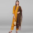thumbnail image 3 of Janasya Indian Round Neck 3/4 Sleeve Sequined Mustard Poly Silk Kurta With Pant And Dupatta For Women, 3 of 9