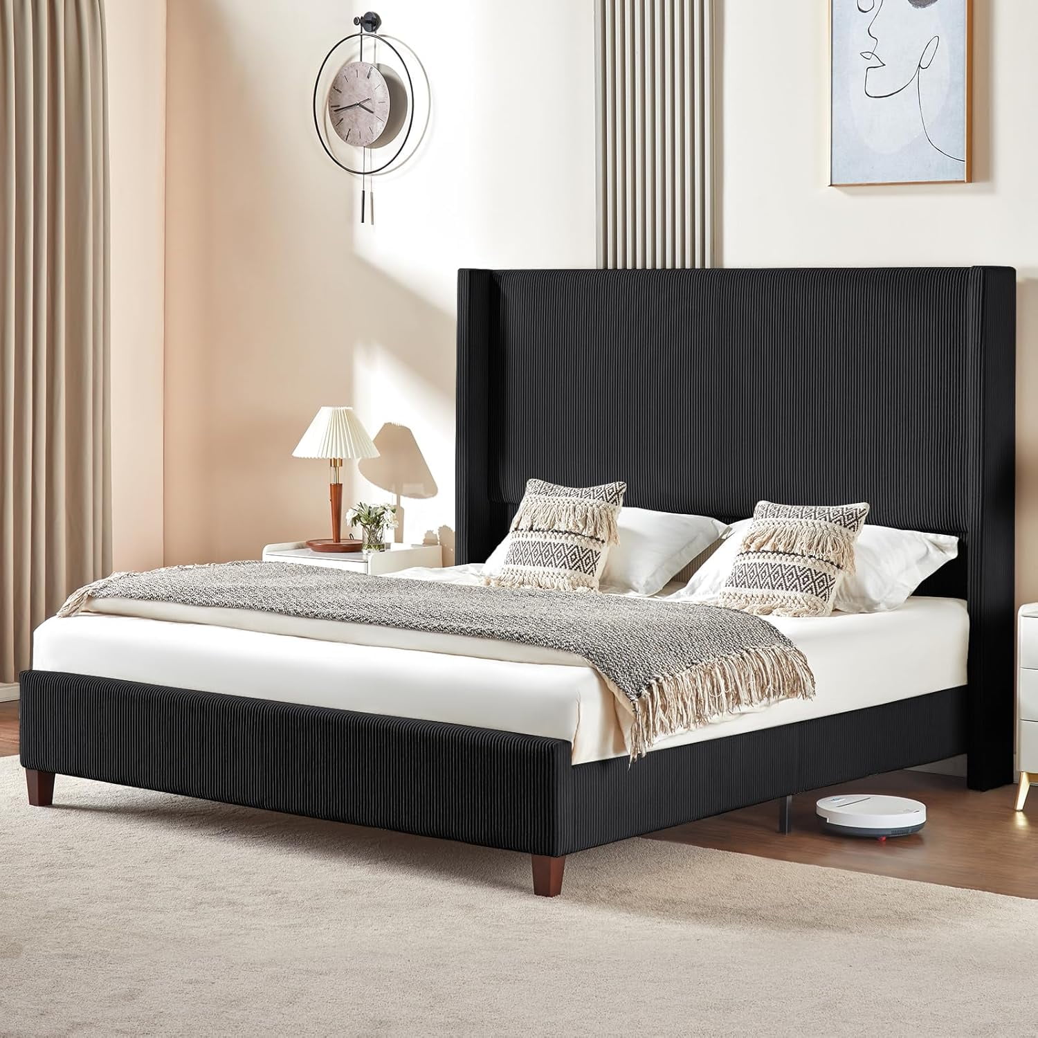 VanAcc King Size Platform Bed Frame with 62" Headboard Corduroy Upholstered Bed/Wingback/No Box Spring Needed/Noise Free/Black