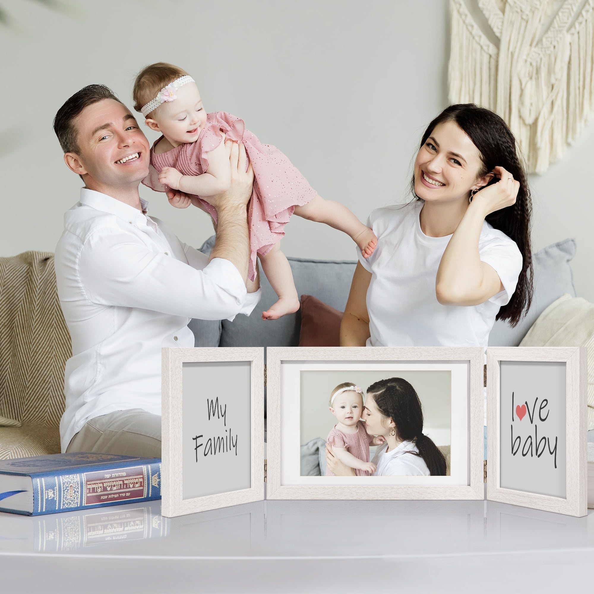 SUMGAR 5x7 White Picture Frame 3 Opening Triple Hinged Folding Frames Wall Tabletop Display, Photo Collage Frame for Wedding, Anniversary, Mother’s Day
