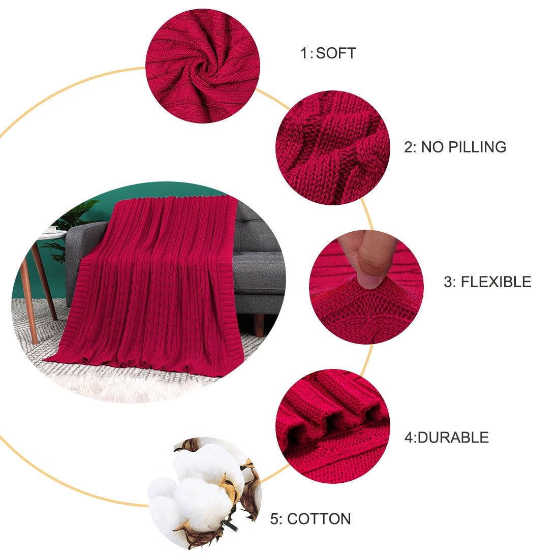 Unique Bargains Soft 100% Cotton Cable Knitted Throw Blanket For Couch Cardinal 50" x 60"