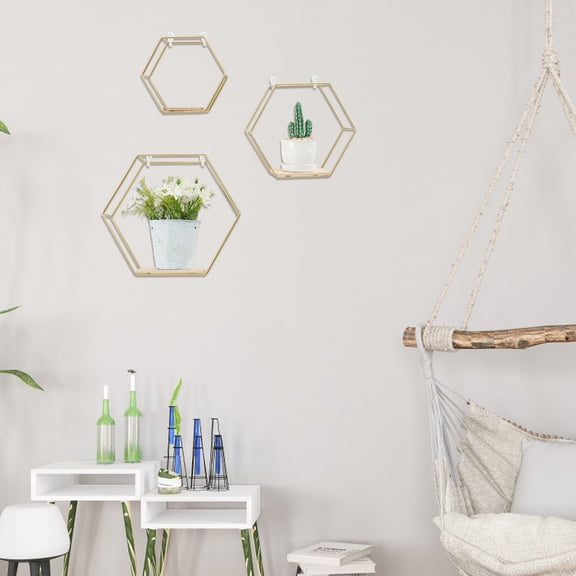 NUAHRHY 3Pcs Hexagon Shape Wall Floating Shelves for Living Room Bedroom Anti Rust Wall Mounted Storage Shelves Decorative Wall Display Shelves for Displaying Photo Frame Doll