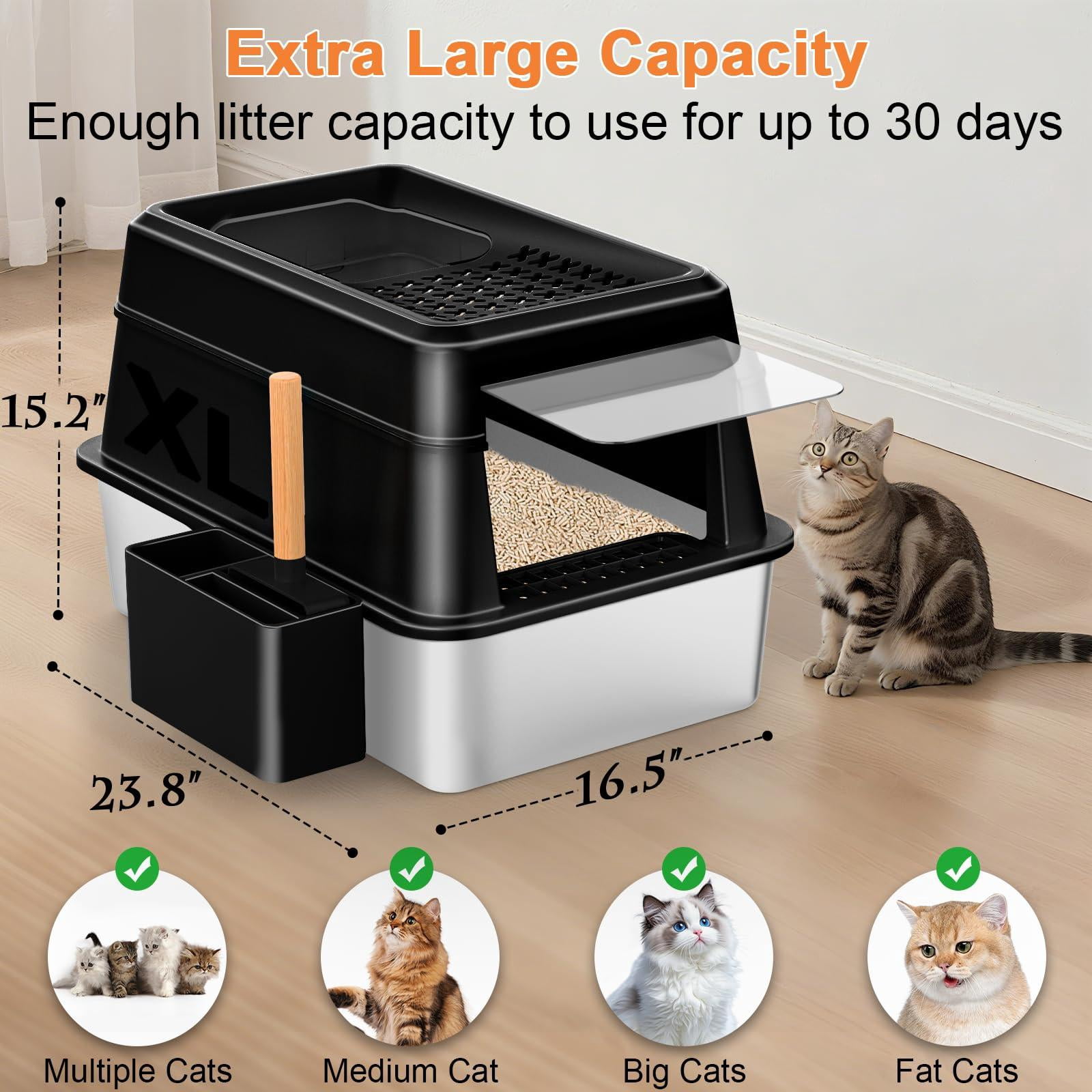 Stainless Steel Cat Litter Box With Lid Extra Large Enclosed Non-sticky Metal Pan High Sided & Scoop  Odor Free Front Top Entry Anti-leakage Easy Cleaning