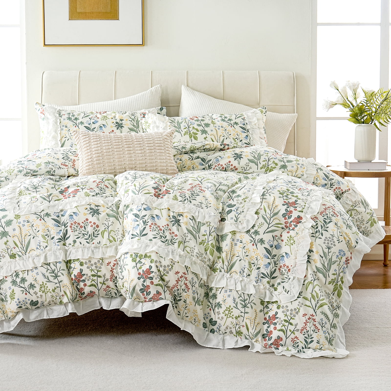 White Ruffle Duvet Cover Set 100% Cotton Green Floral Duvet Cover 3 Pcs Aesthetic Comforter Cover for All Seasons Soft Breathable Bedding Set with Zipper Closure