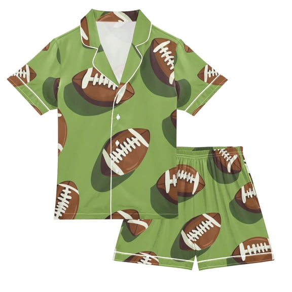 FORMRS Kids Short Sleeve Top and Pants Pajama Set Unisex Satin 2-Piece Sleepwear, Sizes 5-6Y, Game Day Footballs