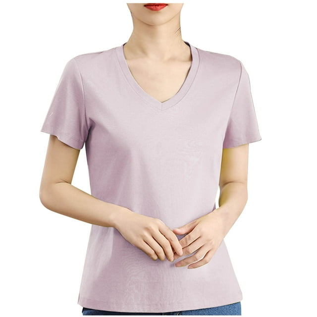 Timegard Summer Tops for Women V Neck Short Sleeve Comfy Solid Color Casual Loose Workout Tee Shirts
