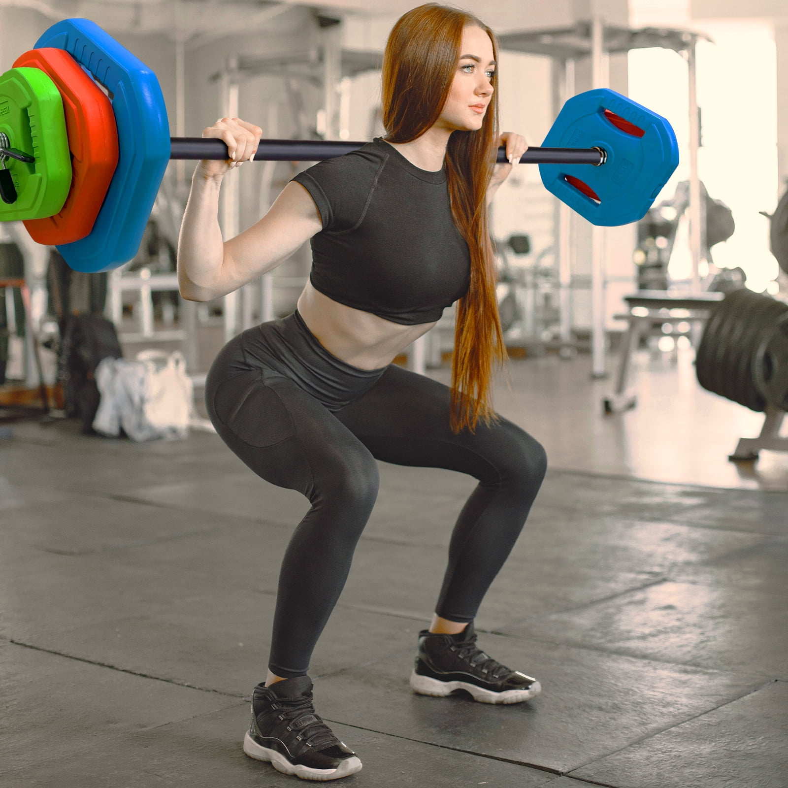 20KG/44LB Barbell Weight Set with PU Coated Plates, 2 Bars & Shoulder Pad for Home Gym Strength Training