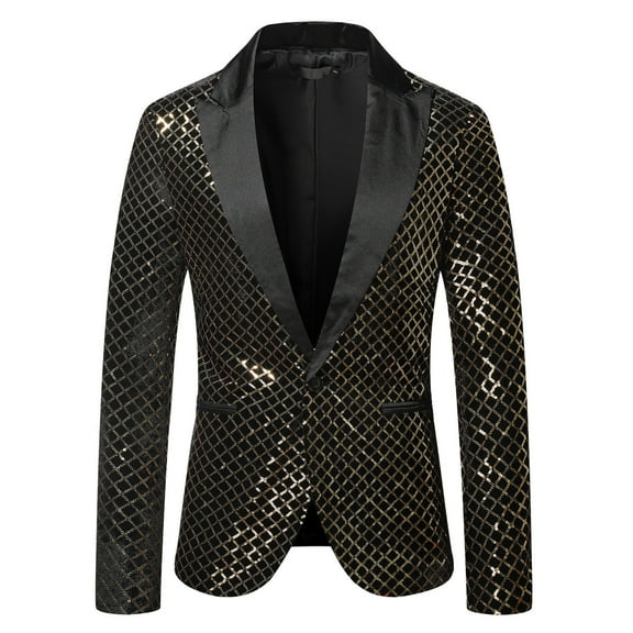 Yaoyar Men Casual Sequin Blazer Jacket Stylish One Button Dance Dinner Stage Performance Suit Jackets Gold 2XL