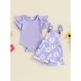thumbnail image 4 of BemeyourBBs Newborn Baby Girls Summer Clothes Infant Baby Girl 2 Piece Outfit Daisy Bib Overalls Set Short Sleeve Rib Knit Romper With Flower Print Suspender Shorts Set Pockets, 4 of 9