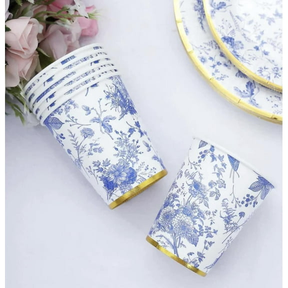 Blue Floral Paper Party Cups Set of 12