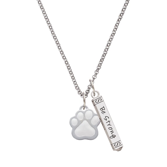 Delight Jewelry Silvertone Large White Paw Silvertone Be Strong and Courageous Bar Charm Necklace, 23"