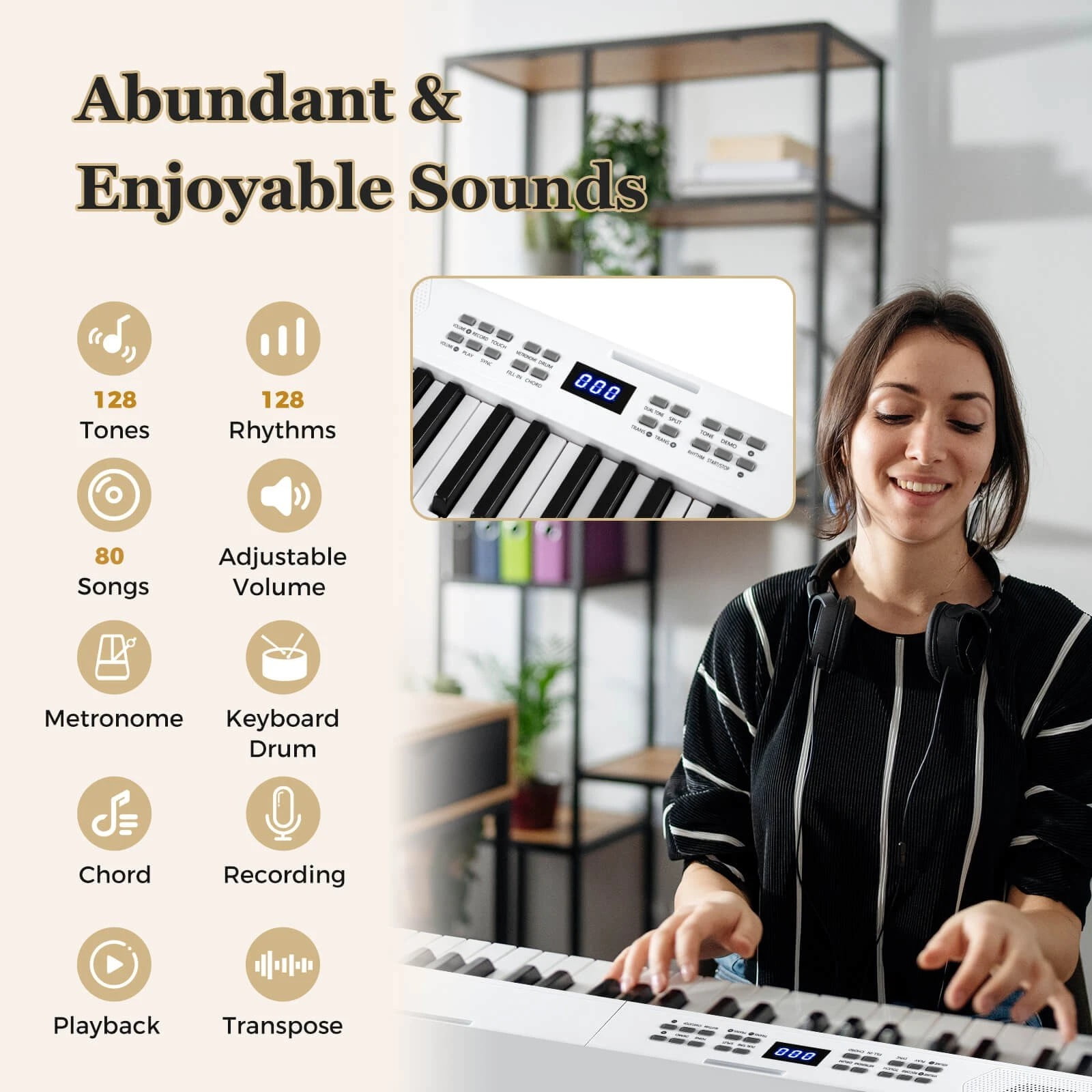 DRAZUNO 61-Key Foldable Piano Keyboard w/MIDI Split Function Headphone Sustain Pedal