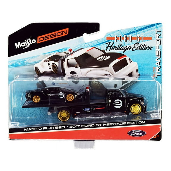 PACK OF 2 - "2017 Ford GT #2 Heritage Edition with Flatbed Truck Black Elite Transport"" Series 1/64 Diecast Model Cars by Maisto"""