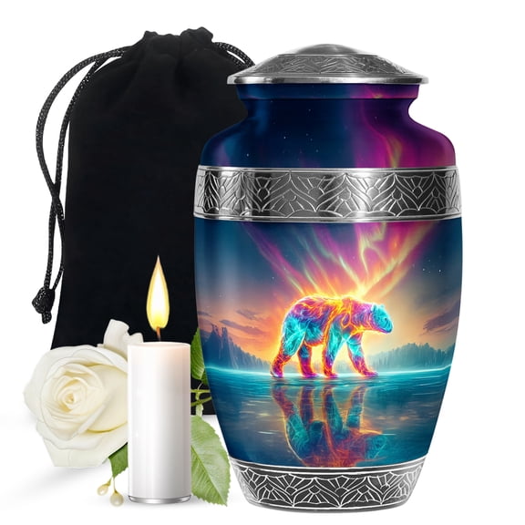 JAGASY Bear Large Burial Urn for Father, Blue Urns for Human Ashes for Women & Men, Polar Bear Northern Lights & Ice Mountain Decorative Urns for Parents, Cremation Urn for Mother, (10 Inch)