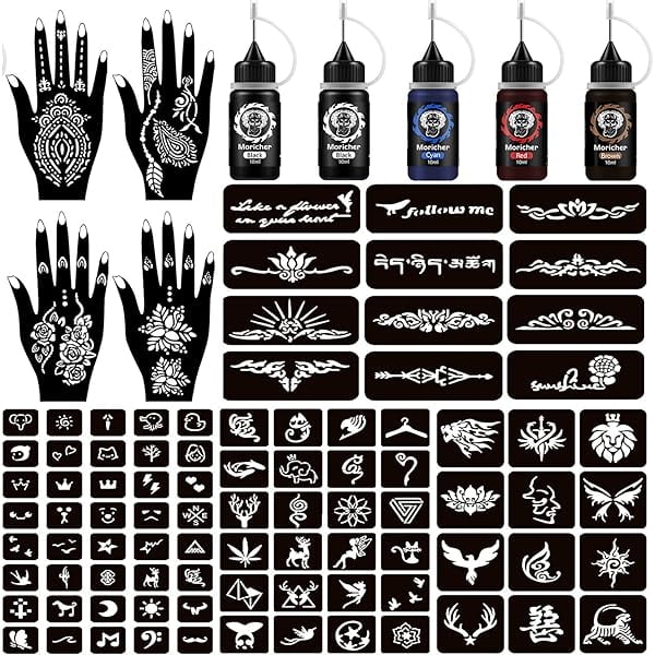 wonima02 Temporary Tattoo Kits 5 cones 96 Stencils Gifts for DIY Art Party