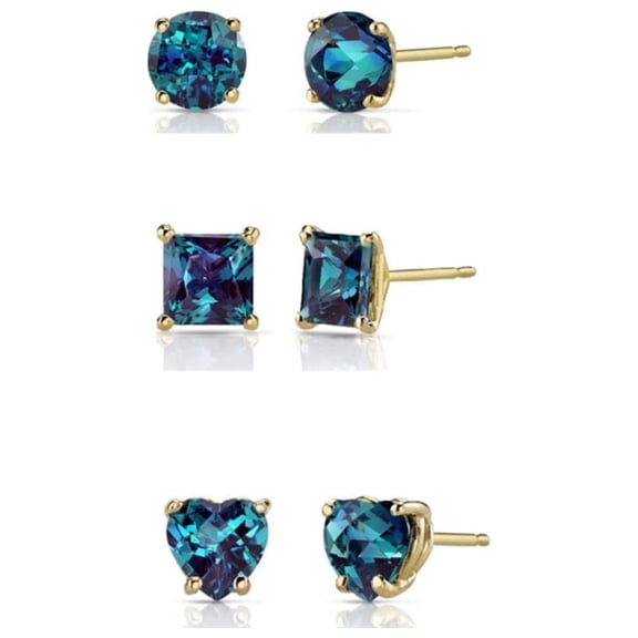 Paris Jewelry 18k Yellow Gold 4Cttw Created Alexandrite 3 Pair Round, Square And Heart Stud Earrings Plated