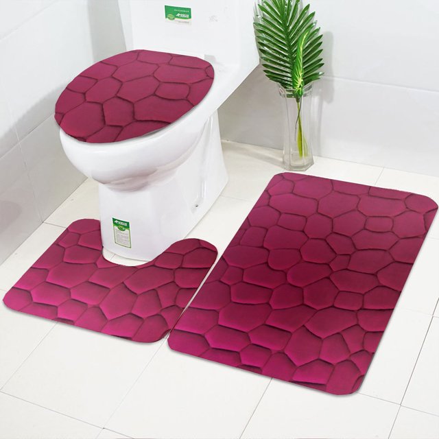 LPSSTORE 3 Piece Rock Memory Foam Bathroom Mat Set Flannel Embossed Rug Mat Toilet Lid Cover 19