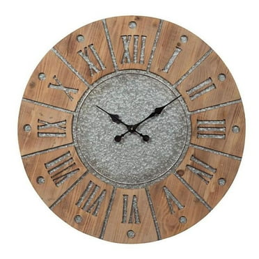 Round Wooden Frame Wall Clock with Metal Accents, Brown & Gray