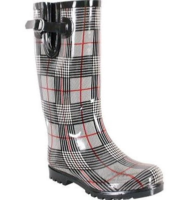 red and black plaid rain boots