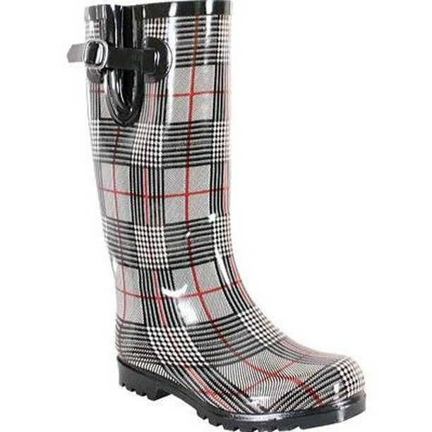 red plaid rain boots