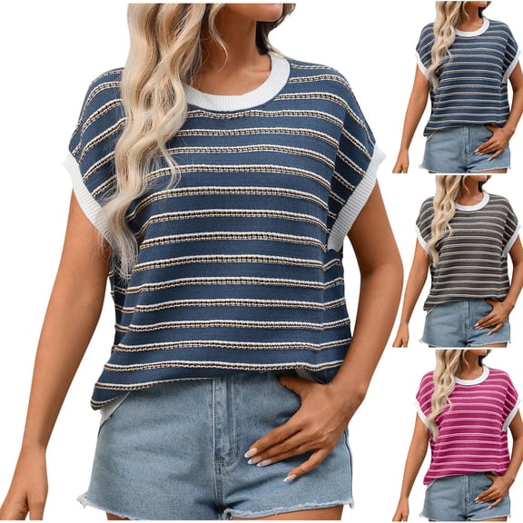 Horkkom Short Sleeve Sweater for Women Crew Neck Pullover Sweaters Summer Loose Casual Striped Shirt L
