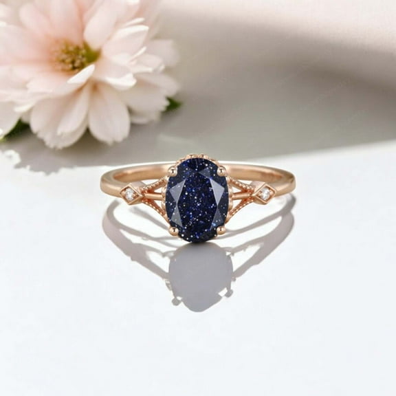 SHREENATHJEWELRY 8x6MM / 1.5CT Night Galaxy Sandstone Engagement Ring CZ Diamond Alternative Fine Jewelry Nebula Blue Gemstone Ring Gift For Her